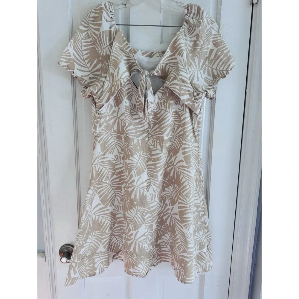 LOFT Palm Print Linen Blend Mini Dress Tropical Coastal Cottagecore‎ Sz 12